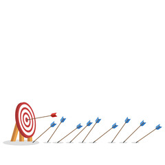 Business challenge failure and success concept. Blue arrows missed hitting target and only red one hits the center.