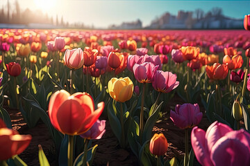 brightly colored tulips in a field of brown dirt and green leaves