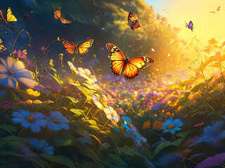butterflies flying over a field of flowers at sunset