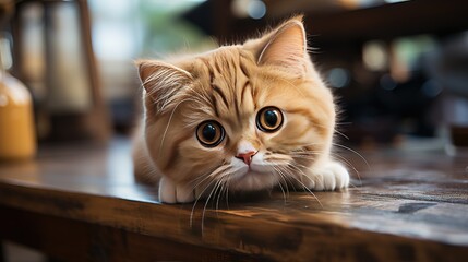 Cute peach-colored cat with big eyes on the table