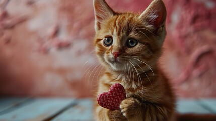 Red Kitten holding a small heart in its paws and gives his love. Cute romantic card for St....