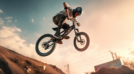 Obraz premium A BMX rider executing a stylish tailwhip trick while airborne, bike spinning in a display of skill