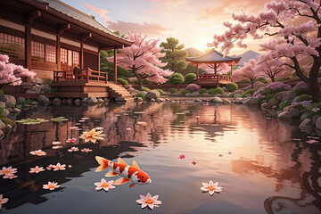 painting of a pond with a koi fish and a japanese building