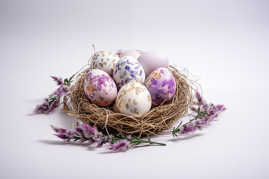  Colorized Easter eggs in a bird's nest on a white background.