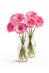 Bouquet of flowers in a glass vase on a white background.