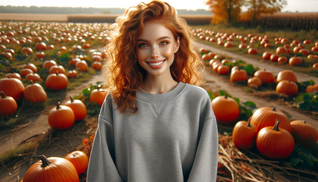 A Happy Young Woman With Ginger Curly Hair In A Pumpkin Patch Field During A Halloween Autumn Festival