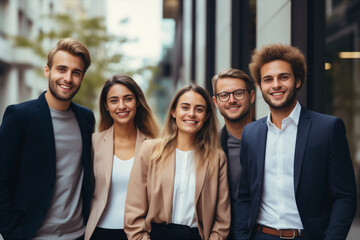 Obraz premium professional consultant team showcases unity against the backdrop of corporate buildings, emphasizing their cohesive and collaborative strength. Generative AI.