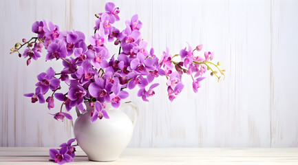 purple orchid flowers in a vase on the table on wooden background