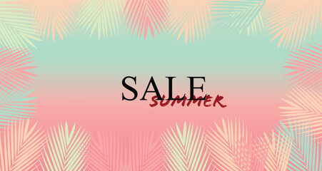 Summer Sale Tropical Paradise, beach, background with palm leaves. Gree summer tropical background with exotic palm leaves and hibiscus flowers. Vector floral background. Sale banner or flyer template - obrazy, fototapety, plakaty