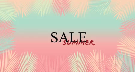 Fotobehang Summer Sale Tropical Paradise, beach, background with palm leaves. Gree summer tropical background with exotic palm leaves and hibiscus flowers. Vector floral background. Sale banner or flyer template © Mehranali