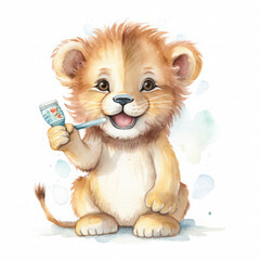 Baby lion bedtime wearing pajama and holding tooth brush Illustration, Generative Ai