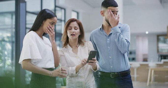 Coworkers, cellphone and shocked with social media, news and office gossip about management. Technology, surprised and wow for internet, people and notification on smartphone, omg and embarrassed