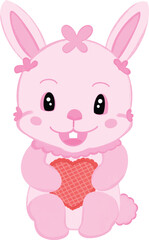 Cartoon cute pink rabbit hugging red heart.