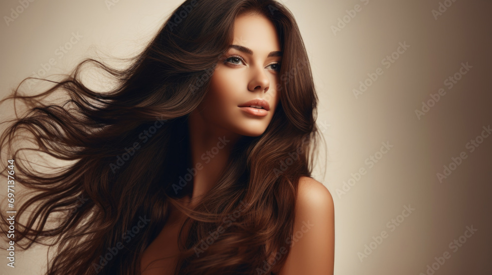 Wall mural attractive young model with long waving brown hair - Wall murals