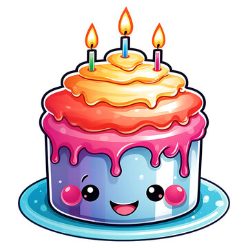 cute kawaii delicious birthday cake clipart for stickers, invitation cartoon illustration 