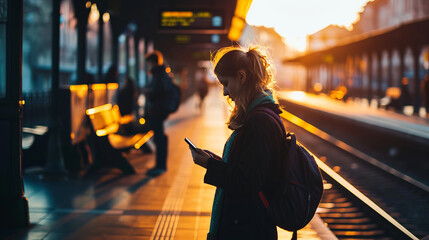 Young woman standing on the platform of a train station consulting the mobile phone - Powered by Adobe