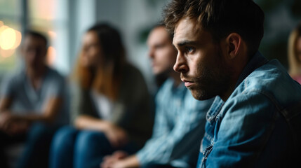 Portrait of a sad depressed man at support group meeting for mental health and addiction issues in anonymous community space