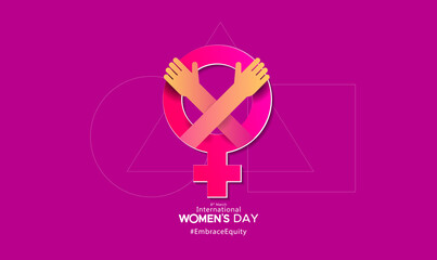Women's day post design on pink background. Woman sign, symbol, logo, icon with 8th march International women's day text. Gender equity concept.