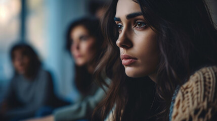 Fototapeta premium Portrait of a sad depressed woman at support group meeting for mental health and addiction issues in anonymous community space