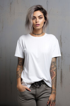 Oversize white style t-shirt mockup photo with tattooed girl top model