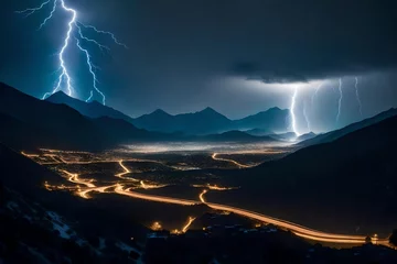 Poster thunder storming and lightning in the dark and large mountain full mountain covered with deep and dark clouds covered by the dark black clouds with small city in the mountain with blue lightning   © Ya Ali Madad 
