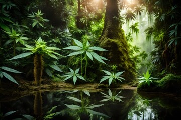 Cannabis plants and tropical plants in exotic rainforest, 