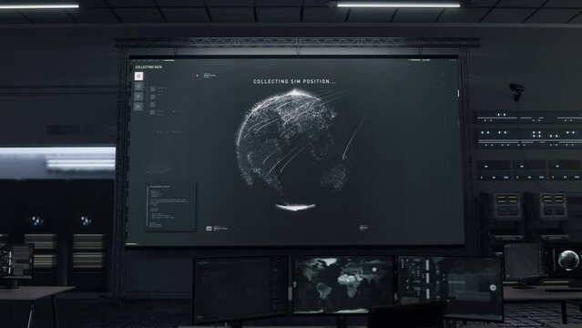 Operating the location tracking network technology from the control room. Location tracking network scanning the earth map. Tracking network software identifies the target mobile phone location.