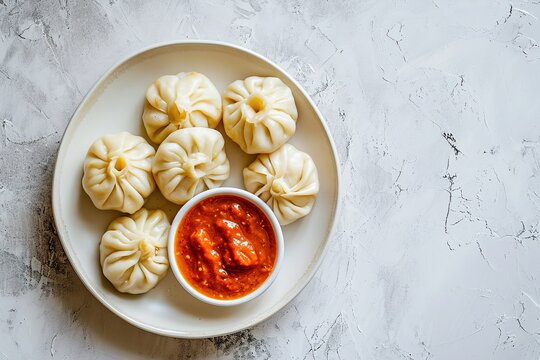 Veg steam momo. Nepalese Traditional dish Momo stuffed with vegetables and the cooked and served with sauce over a rustic wooden background, selective focus, Image for the restaurant menuа