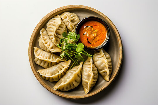 Veg steam momo. Nepalese Traditional dish Momo stuffed with vegetables and the cooked and served with sauce over a rustic wooden background, selective focus, Image for the restaurant menu?