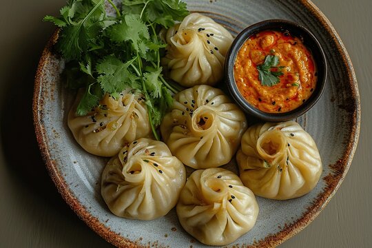 Veg steam momo. Nepalese Traditional dish Momo stuffed with vegetables and the cooked and served with sauce over a rustic wooden background, selective focus, Image for the restaurant menuа