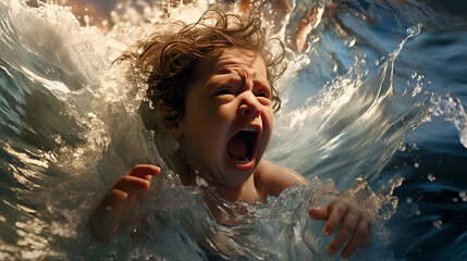 An intense close-up capturing a child's frightened and anxious expression as they splash in a body of water