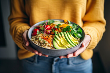 Image created with AI. Healthy vegetarian dinner. Woman in jeans and warm sweater holding bowl with fresh salad, avocado, grains, beans, roasted vegetables, close-up. Superfood, clean eating, vegan, d - obrazy, fototapety, plakaty