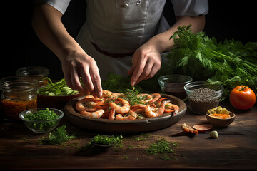 Image created with AI. Seafood, professional chef prepares shrimp with green beans. Cooking seafood, healthy vegetarian food and meal on a dark background. Horizontal view.