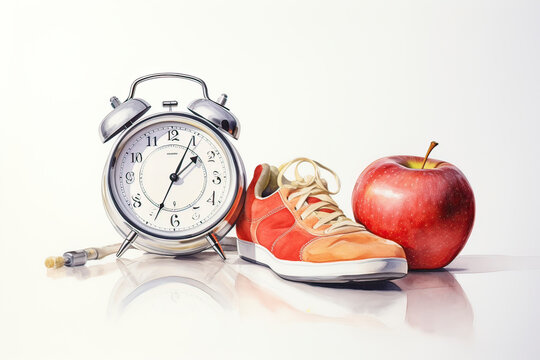 Image created with AI. Some sneakers, a sports stopwatch, a towel, an apple.