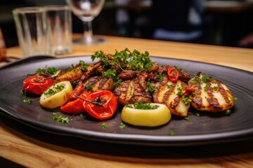 Grilled octopus with roasted potatoes and paprika. Spain food.