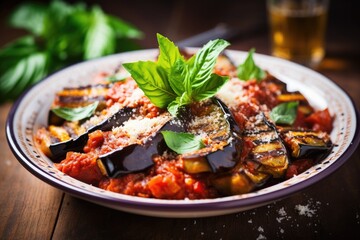 Pasta Alla Norma. Delicious Sicilian pasta dish with roasted eggplant, marinara tomato sauce, grated ricotta and fresh basil - obrazy, fototapety, plakaty