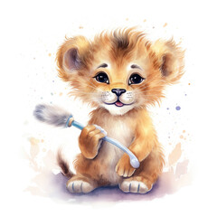 Fototapeta na wymiar Baby lion bedtime wearing pajama and holding tooth brush Illustration, Generative Ai