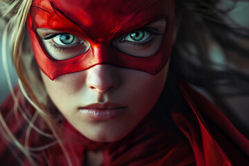 Closeup of a Woman Wearing a Red Superhero Mask