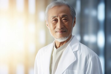 白衣を着た日本人シニア男性（背景あり・医者・医師・歯科医師・薬剤師） - obrazy, fototapety, plakaty
