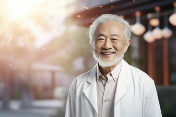 白衣を着た日本人シニア男性（背景あり・医者・医師・歯科医師・薬剤師） - obrazy, fototapety, plakaty