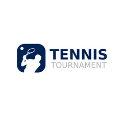 Tennis ball with a player and tennis racket, logo template. Active sport and tennis tournament, championship