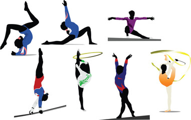 Woman gymnastic colored silhouettes. Vector illustration - obrazy, fototapety, plakaty