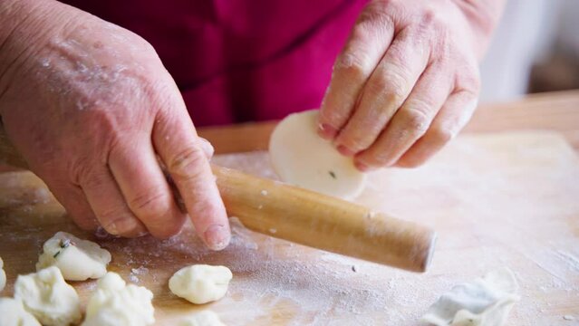 close up of senior woman's hand making Chinese dumpling indoor at home