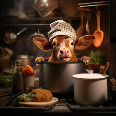 A happy chicken halfway out of a pot on the stove. happy mood inside kitchen