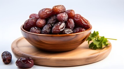 Fototapeta premium dried dates in a wooden bowl isolated in white background
