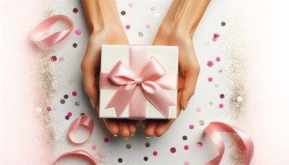 woman hands holding an elegant present gift box with a pink ribbon over a white background sprinkled with confetti, suitable for a Mother's D