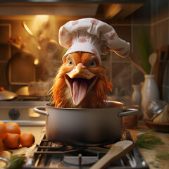 A happy chicken halfway out of a pot on the stove. happy mood inside kitchen