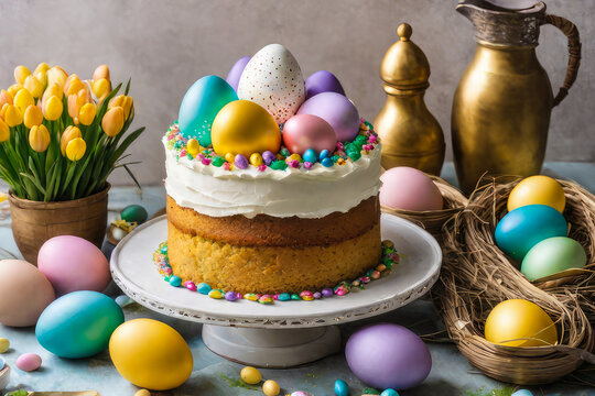 Easter cake, kulich, painted watercolor easter eggs and spring flowers on the background. 