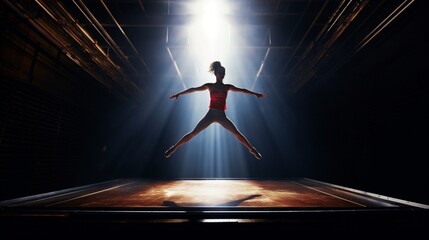 A trampolinist in mid-bounce, capturing the height and grace of a gymnastic performance - obrazy, fototapety, plakaty