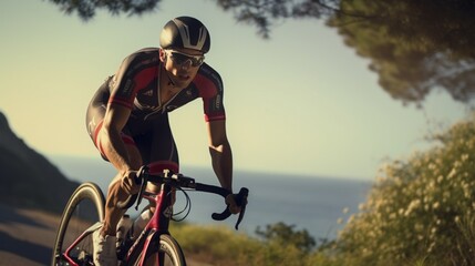 A triathlete cycling with determination through a challenging course, showcasing endurance - obrazy, fototapety, plakaty